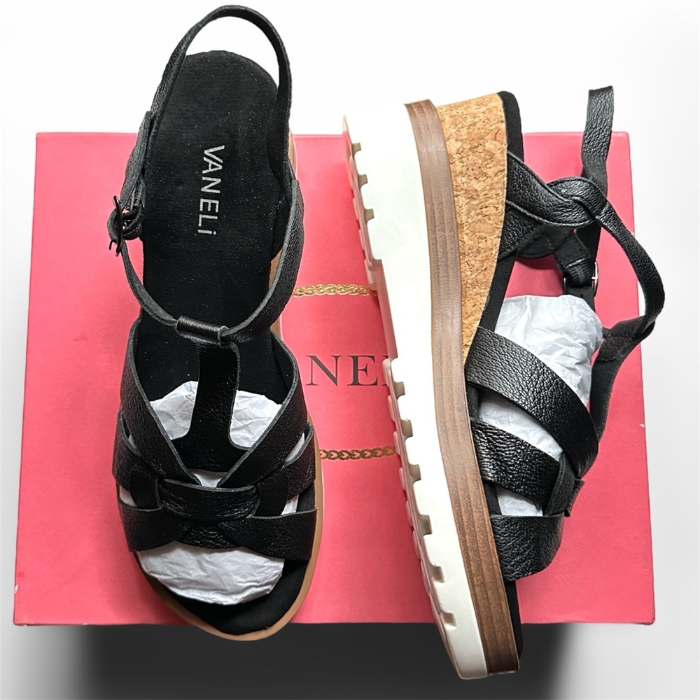 NIB Vaneli Carly Platform Wedge Sandals in Black Grained Met - Women’s 8.5